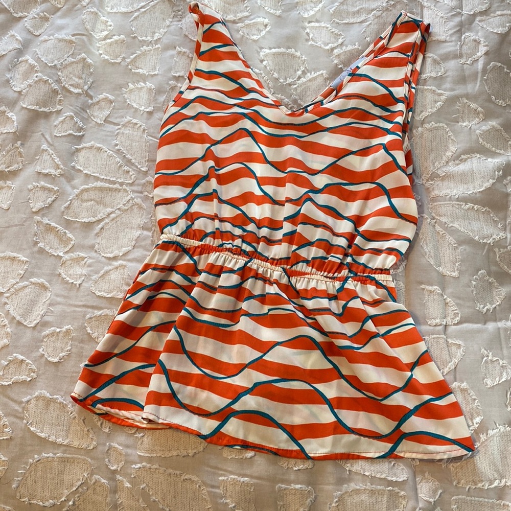 Orange, blue & cream striped sleeveless top with open back - size small